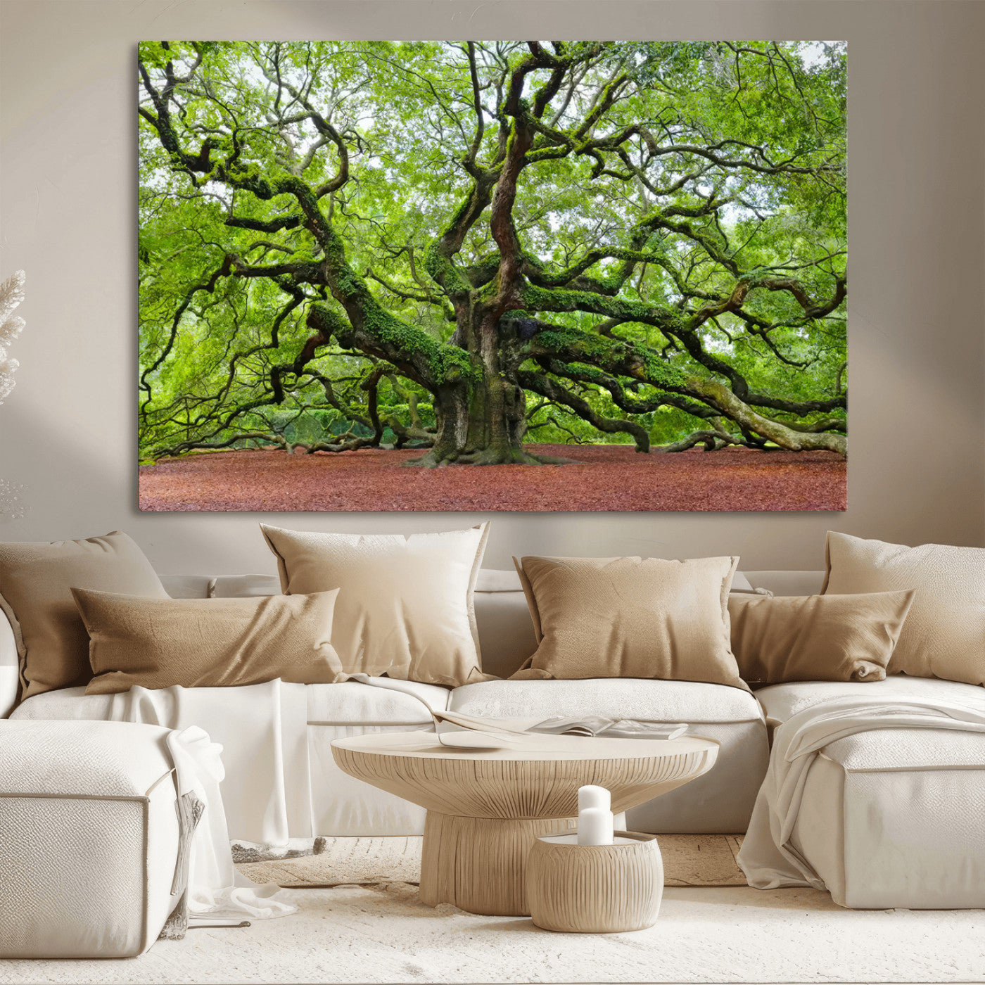 MGV-CV-36X24 - Framed Angel Oak Tree Wall Art - 3-Panel Canvas Prints, Large Green Nature Artwork, Ready to Hang