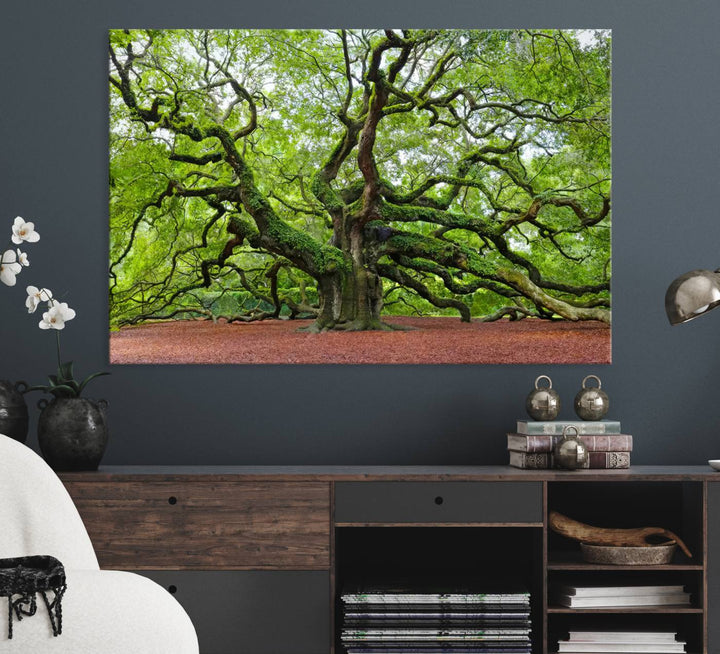 Framed Angel Oak Tree Wall Art: Large 3-panel green nature canvas, ready to hang.