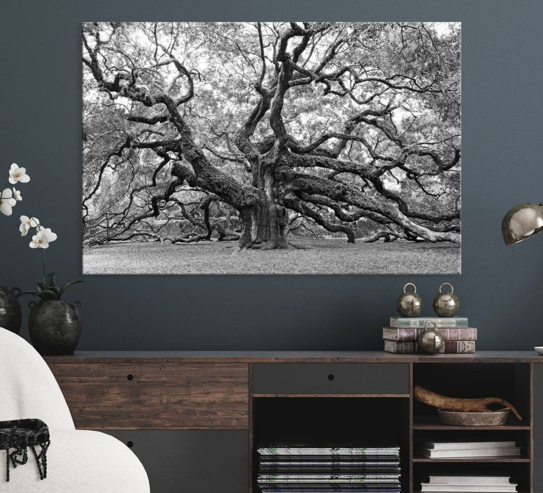 The Black White Angel Oak Tree wall art adds timeless, nature-inspired decor.