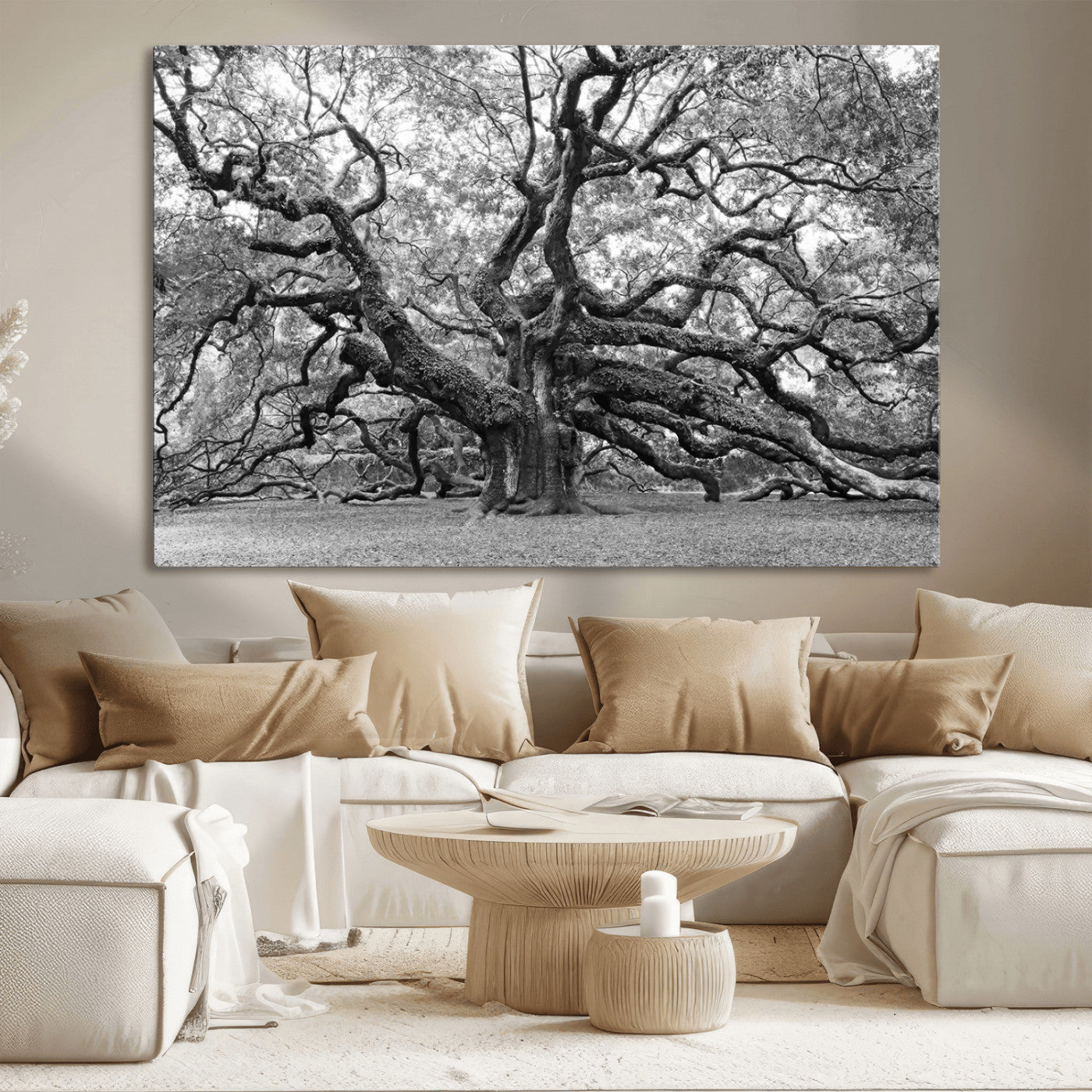 MGV-CV-36X24 - Black White Angel Oak Tree Wall Art - Timeless Nature-Inspired Canvas for Rustic, Modern, or