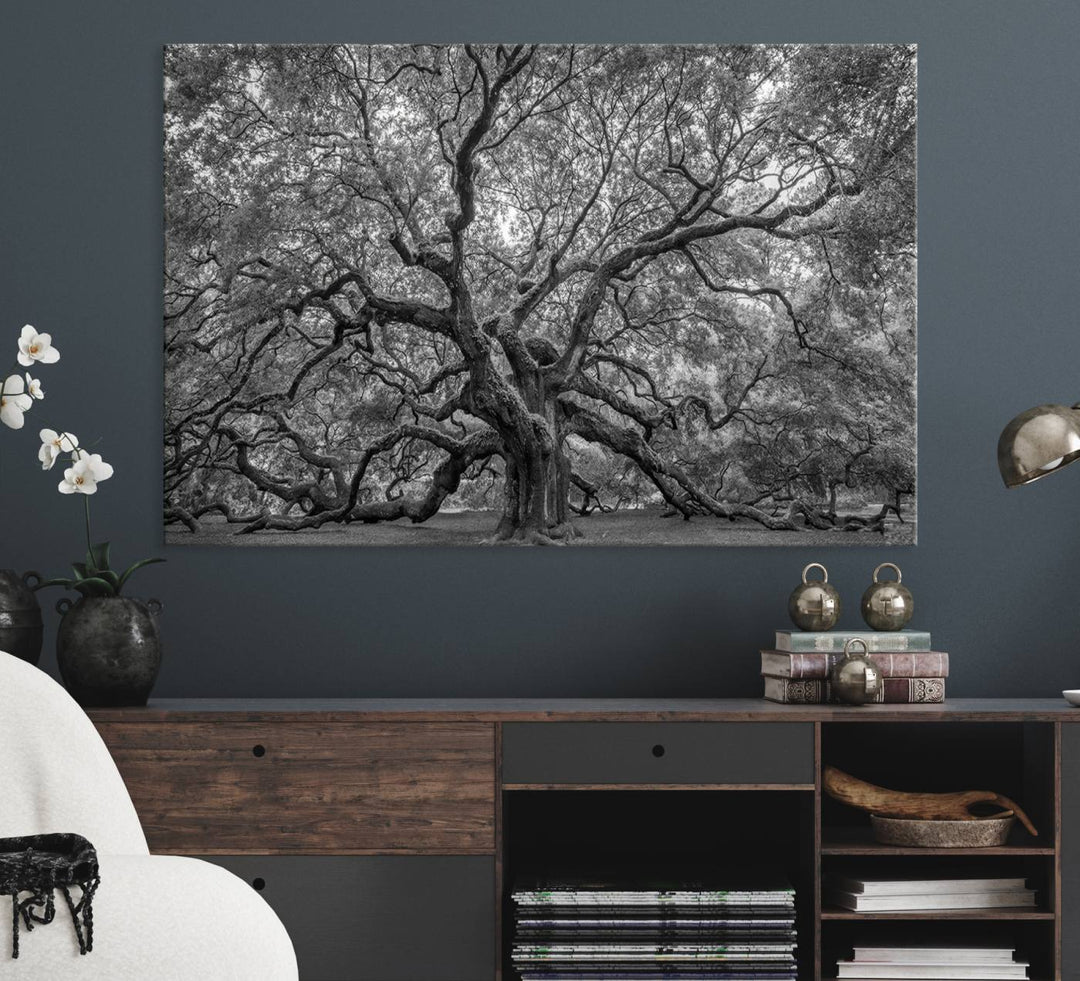 The Majestic Angel Oak Tree canvas print enhances minimalistic decor with its nature photography.