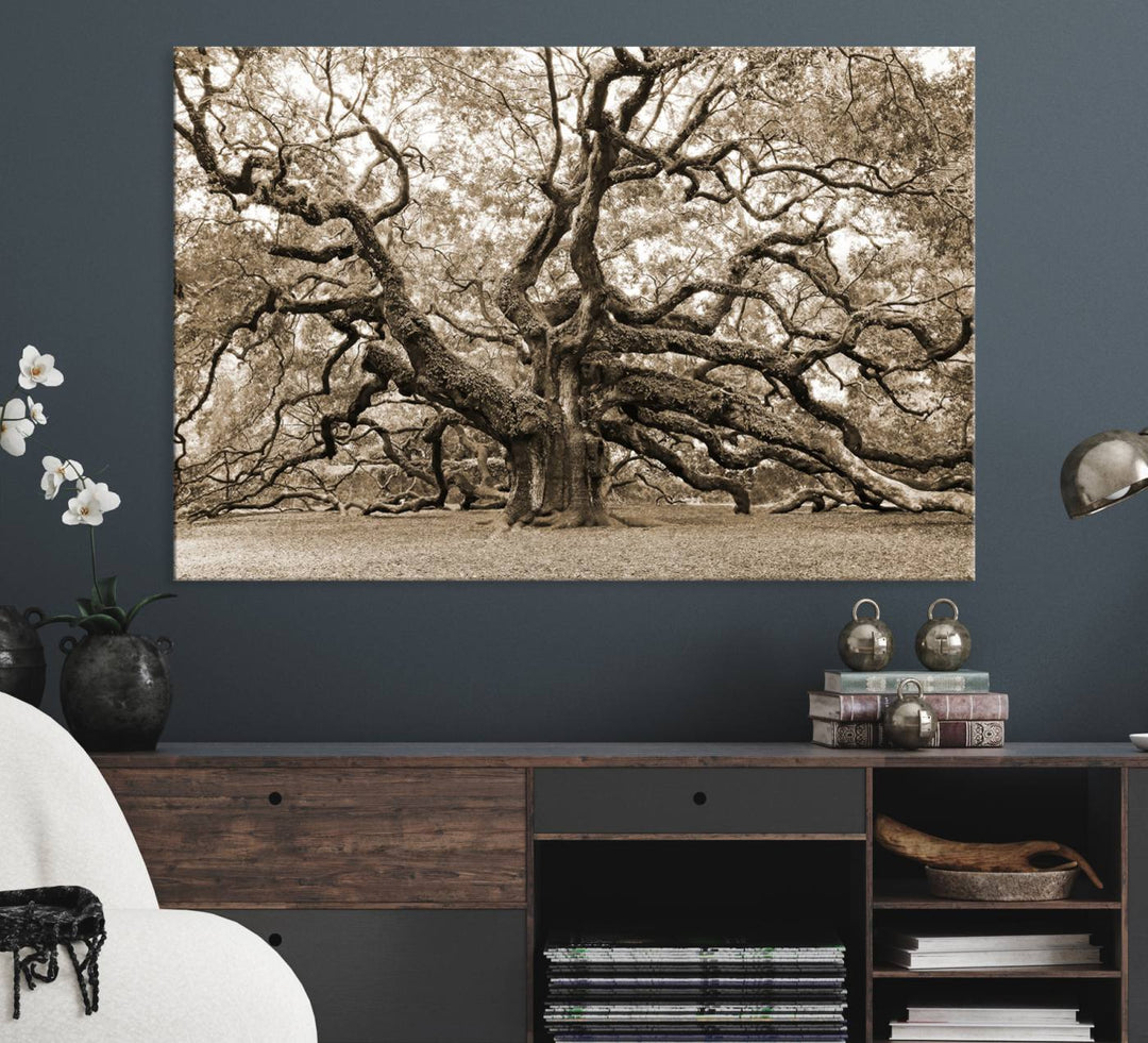 Displayed on the wall is a Sepia-framed Angel Oak Tree 3-panel canvas.