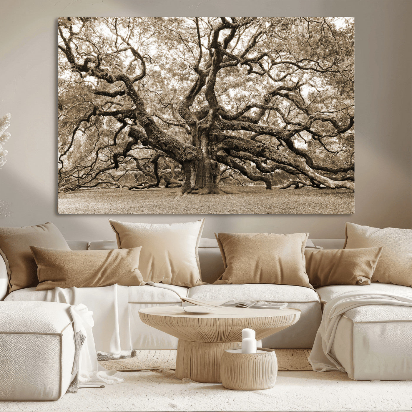 51126-MGV-CV-36X24-Sepia Framed Angel Oak Tree Wall Art - 3-Panel Canvas Prints, Large Green Nature Artwork, Ready to