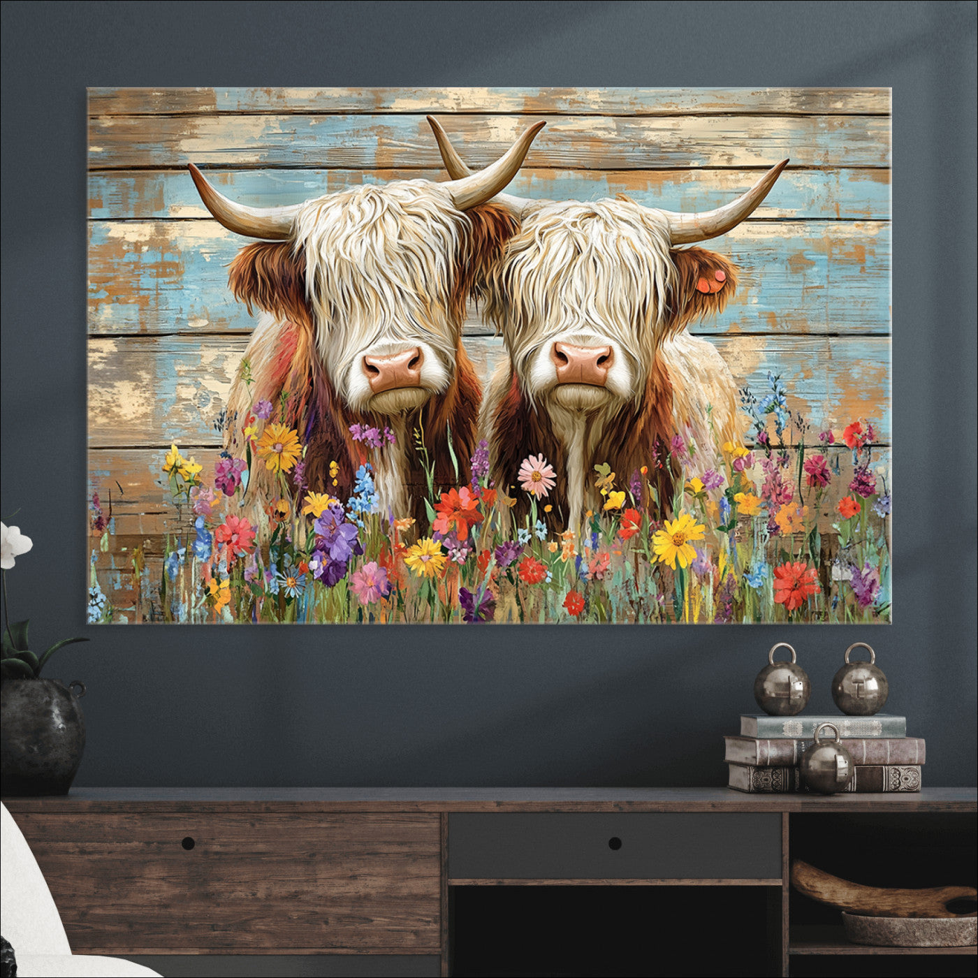 36972-MGV-CV-36X24-Cute Highland Cow Canvas Wall Art - Rustic Farmhouse Decor with Colorful Flowers Perfect Wall Art for Home