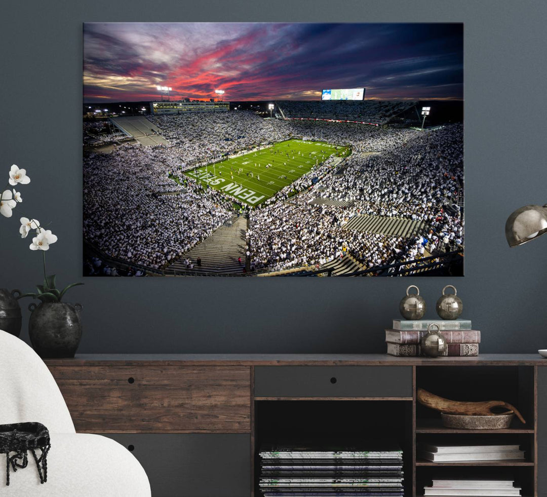 A sunset print on a canvas wall art piece captures the scene of white-clad fans at Beaver Stadium for the Nittany Lions game.