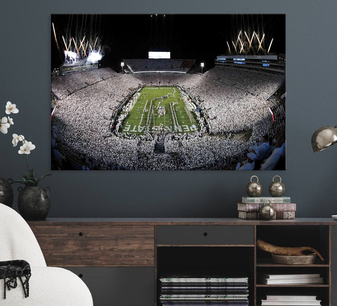 Wide-angle print of a packed stadium with fireworks, ideal gallery-quality wall art - Penn State Nittany Lions Canvas.