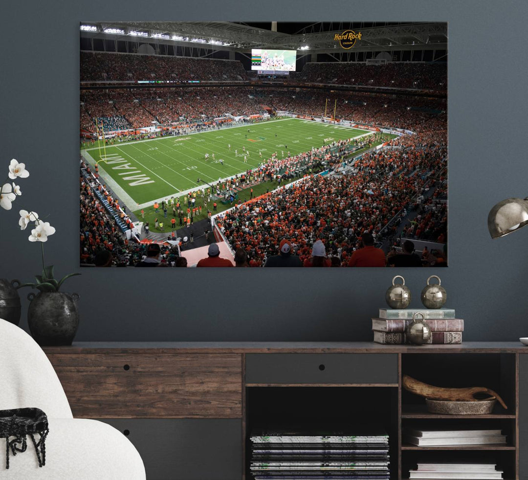 Aerial view of a Miami Hurricanes game at Hard Rock Stadium captured on canvas print, showcasing the teams on the field and fans in the stands.