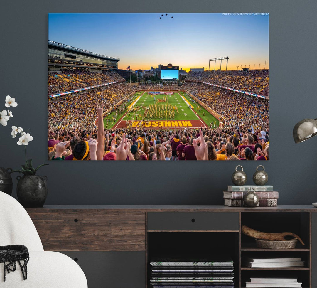 The University of Minnesota Golden Gophers Football Team Print, capturing a sunset scene, is ideal for gallery-quality wall art.