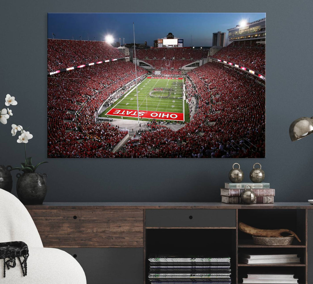 Premium gallery-quality canvas wall art featuring an aerial view of a packed Ohio State stadium at dusk, highlighting the Buckeyes.