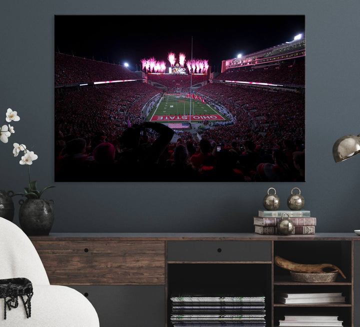 Premium canvas wall art featuring Ohio State University Buckeyes football stadium and fireworks.