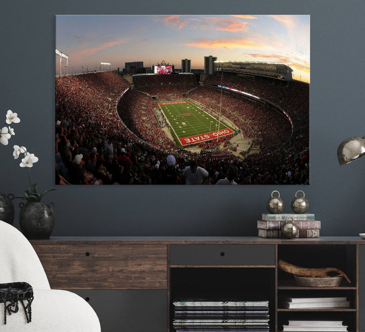 The canvas wall art captures a stunning stadium view of a sunset over Ohio State University Buckeyes football fans.