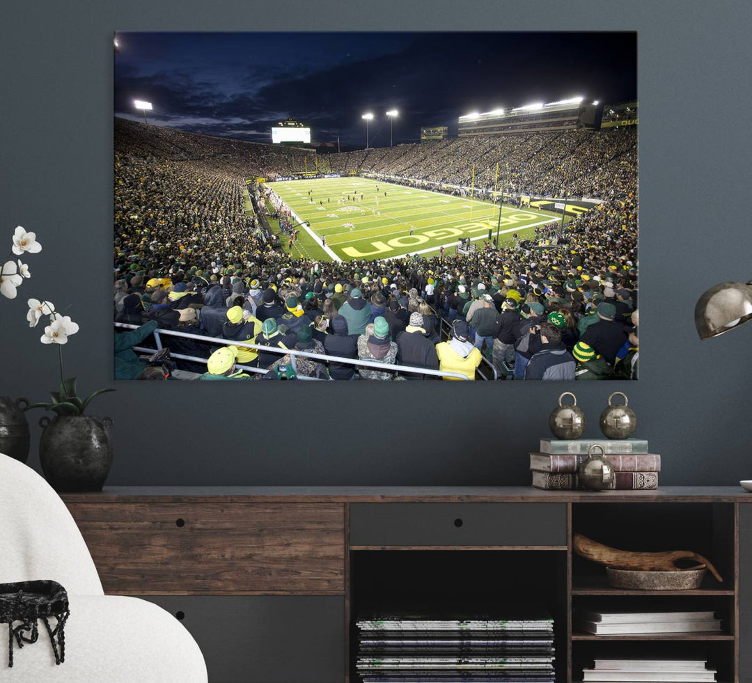 Under bright lights, a University of Oregon Ducks Canvas Print captures the excitement of fans packing Autzen Stadium for a night football game.