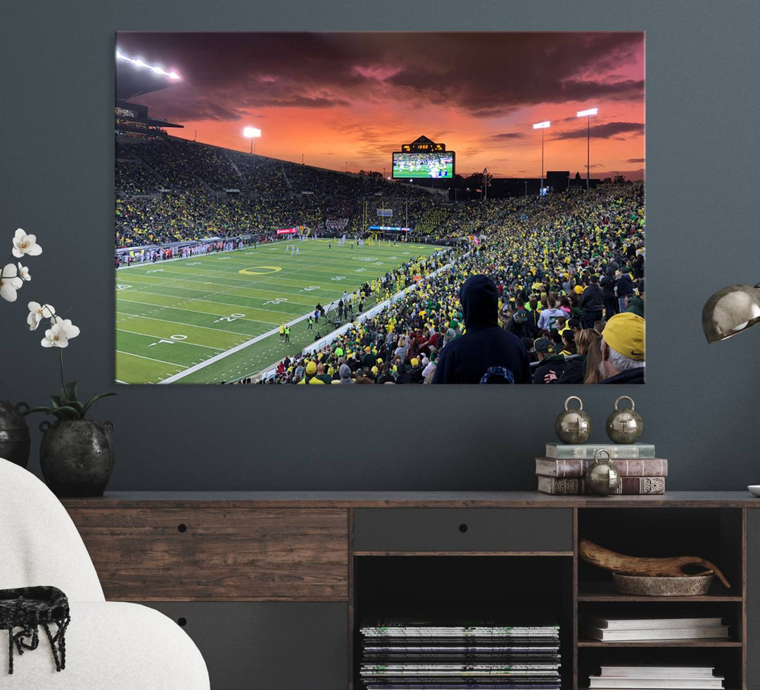 This stunning wall art print captures a vibrant sunset at Eugene Autzen Stadium.