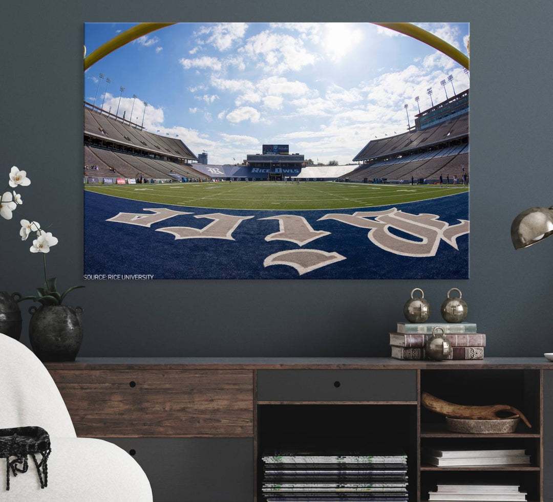 Fish-eye view of an empty stadium, ideal wall art on premium canvas: Rice University Owls Football Team Print.