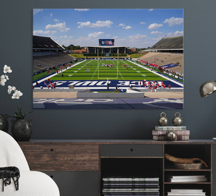 Rice Stadium print: This artwork features a football field with empty stands and a gallery-quality finish under a clear blue sky.