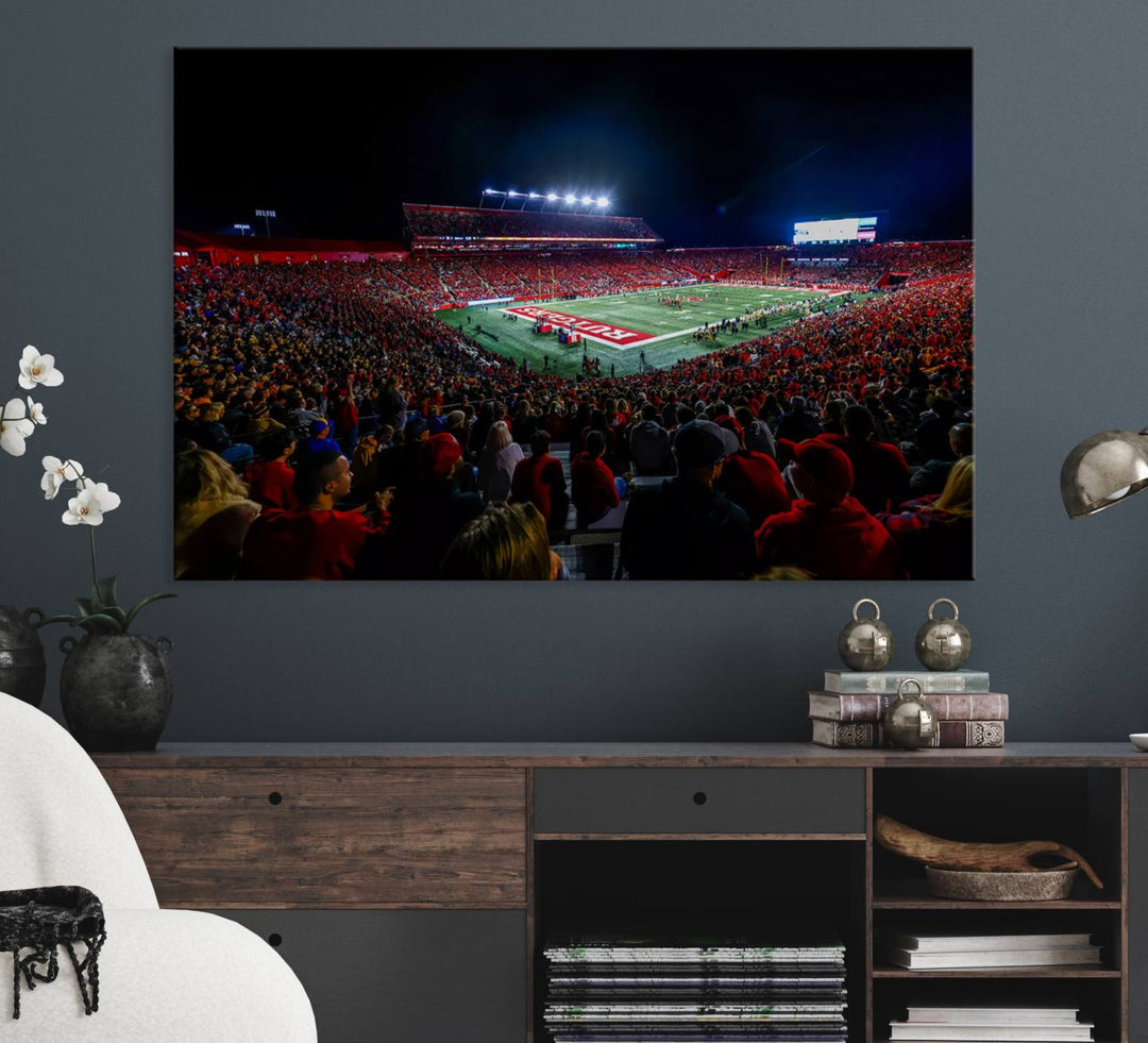 A premium canvas wall art print depicting Rutgers Scarlet Knights SHI Stadium filled with fans under vibrant lights.