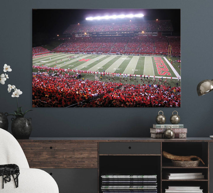 A bustling night game at SHI Stadium is captured as Rutgers Scarlet Knights wall art on a gallery-quality canvas print.