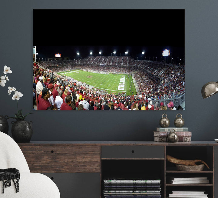 This Stanford University Cardinal Football Team canvas print, depicting fans in red filling Stanford Stadium at night, is perfect.