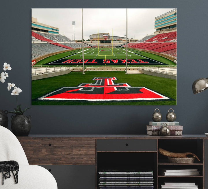 Gallery-quality print of Lubbock Jones AT&T Stadium featuring the Texas Tech Red Raiders field, highlighted by red and gray bleachers.