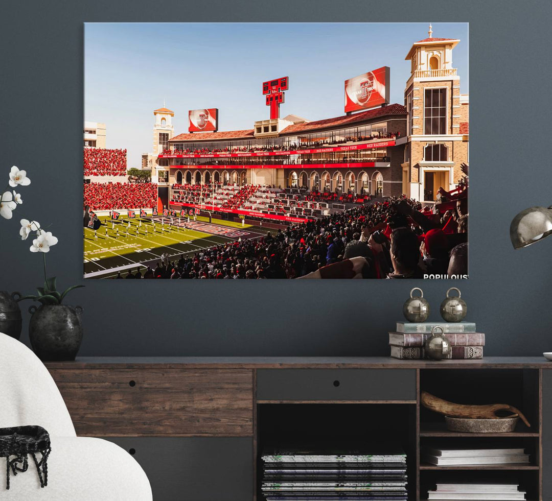 The three-panel Jones AT&T Stadium wall art is ideal for enhancing the living room decor of college football fans.