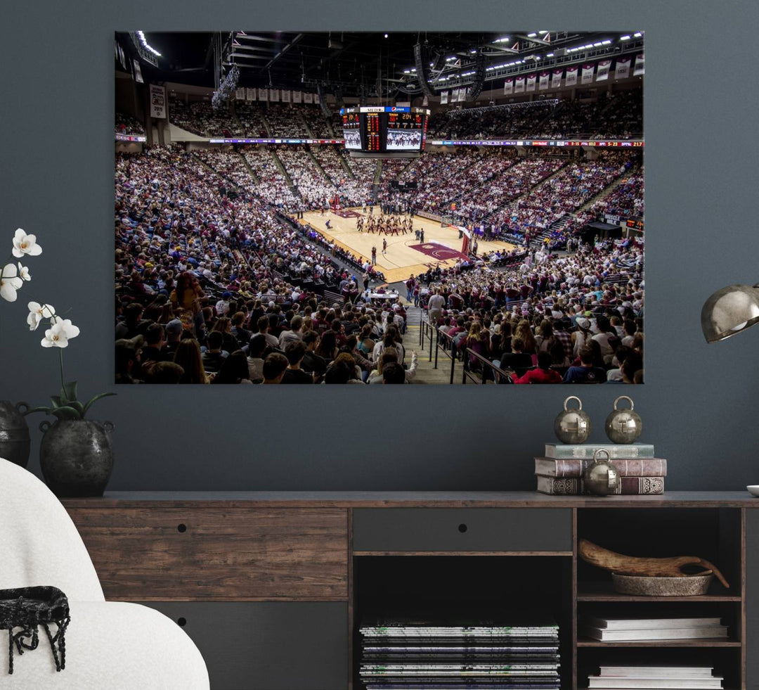 The Nebraska Basketball Arena Wall Art Canvas features an arena filled with Cornhuskers fans and players beneath a scoreboard.