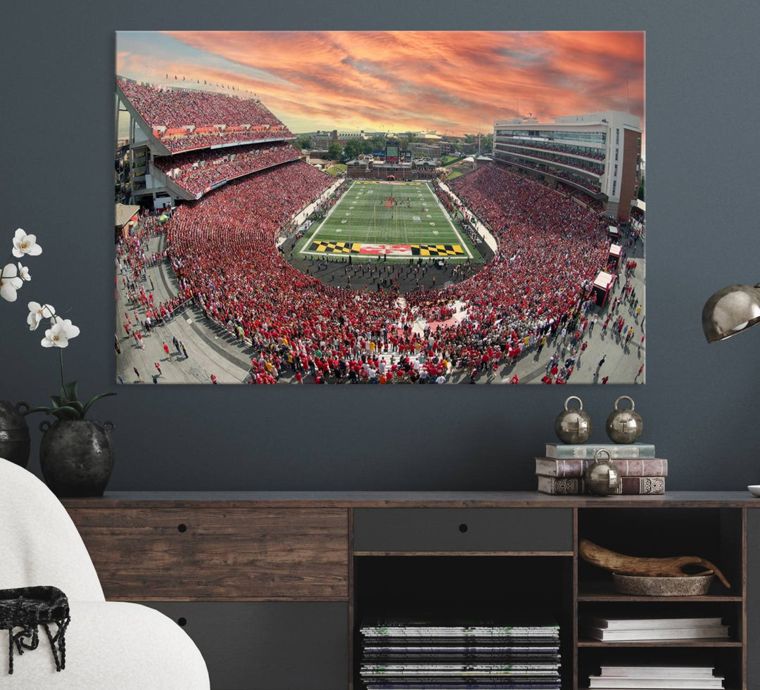 A packed SECU Stadium at sunset, ideal for your University of Maryland Terrapins Football Team wall art canvas print.