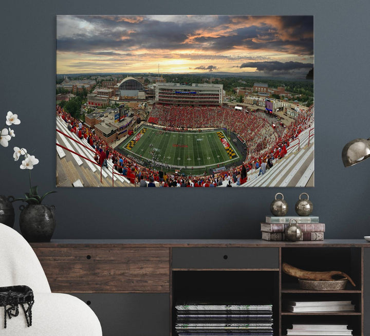 The University of Maryland Terrapins Football Team Print features SECU Stadium at sunset with vibrant skies.