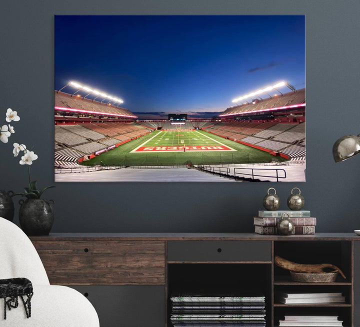 A large SHI Stadium at dusk, ideal for a Rutgers Scarlet Knights Football Team canvas print.