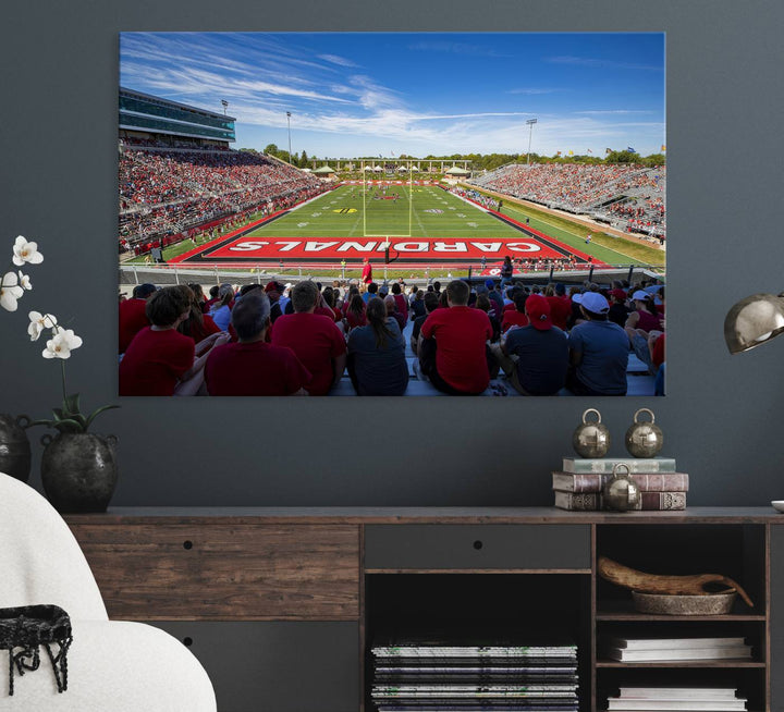 The Ball State Cardinals wall art on canvas depicts fans in red at Scheumann Stadium.