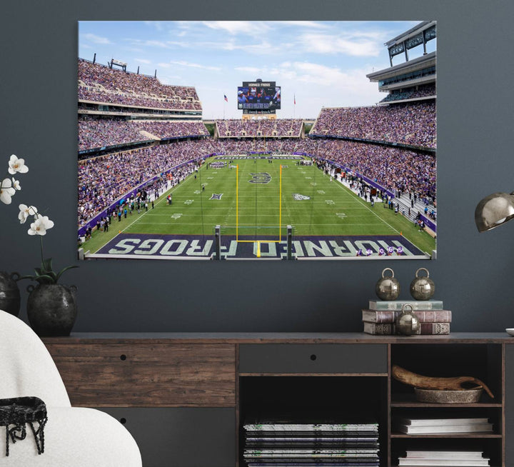 The TCU Horned Frogs print portrays a vibrant Amon G. Carter Stadium, filled with energy and game action.