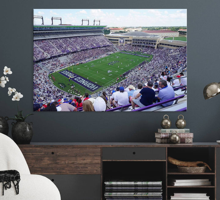 Amon G. Carter Stadium wall art canvas showcasing the TCU Horned Frogs and packed stands at Fort Worth.