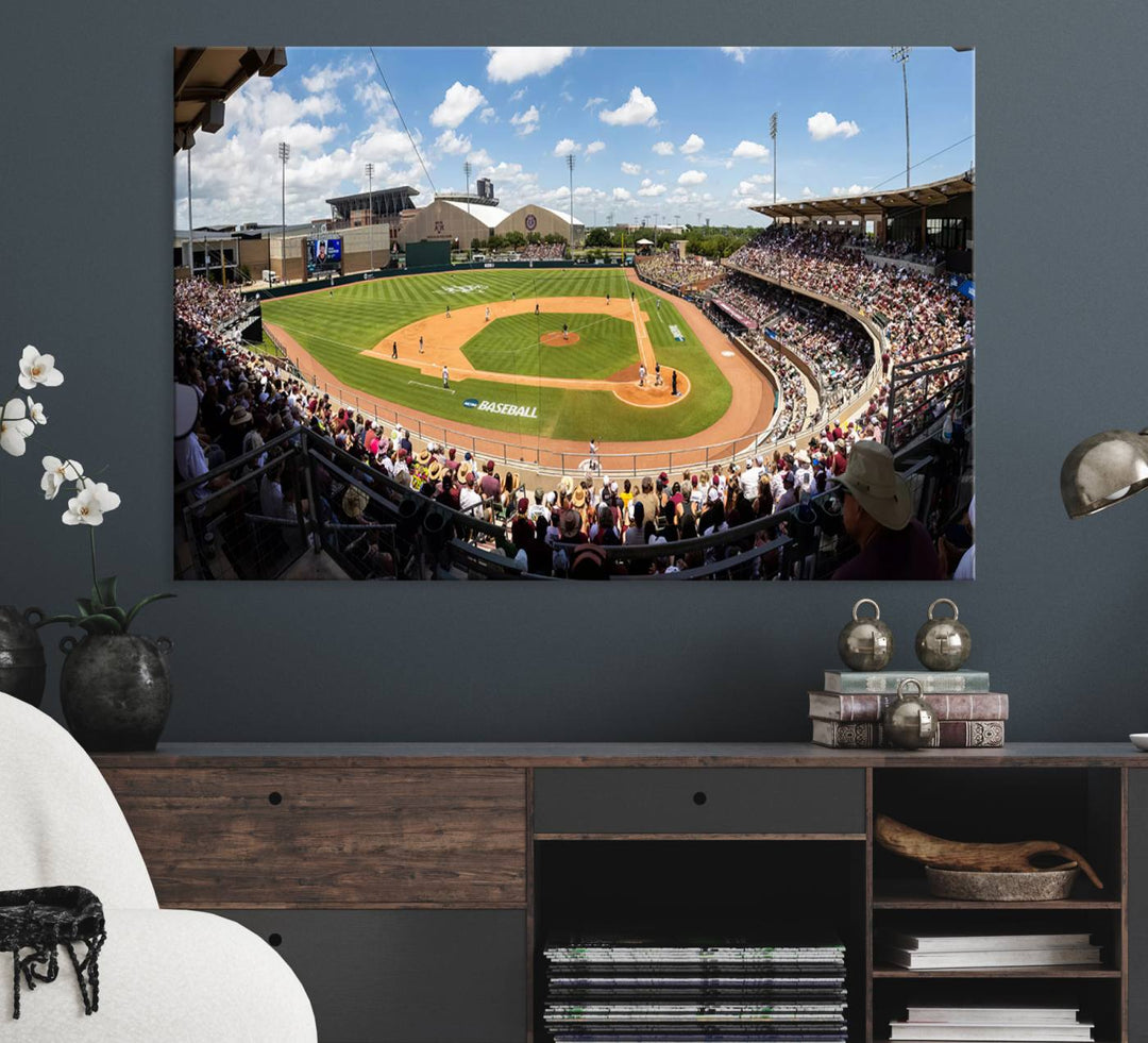 A baseball stadium under a blue sky, capturing the energy of The Texas A&M Aggies Athletics Kyle Field Wall Art.