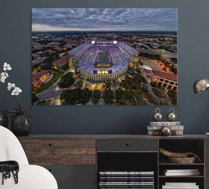 The LSU Tigers Football Team Baton Rouge Tiger Stadium Canvas is displayed prominently, capturing attention with its vivid depiction of the iconic stadium.