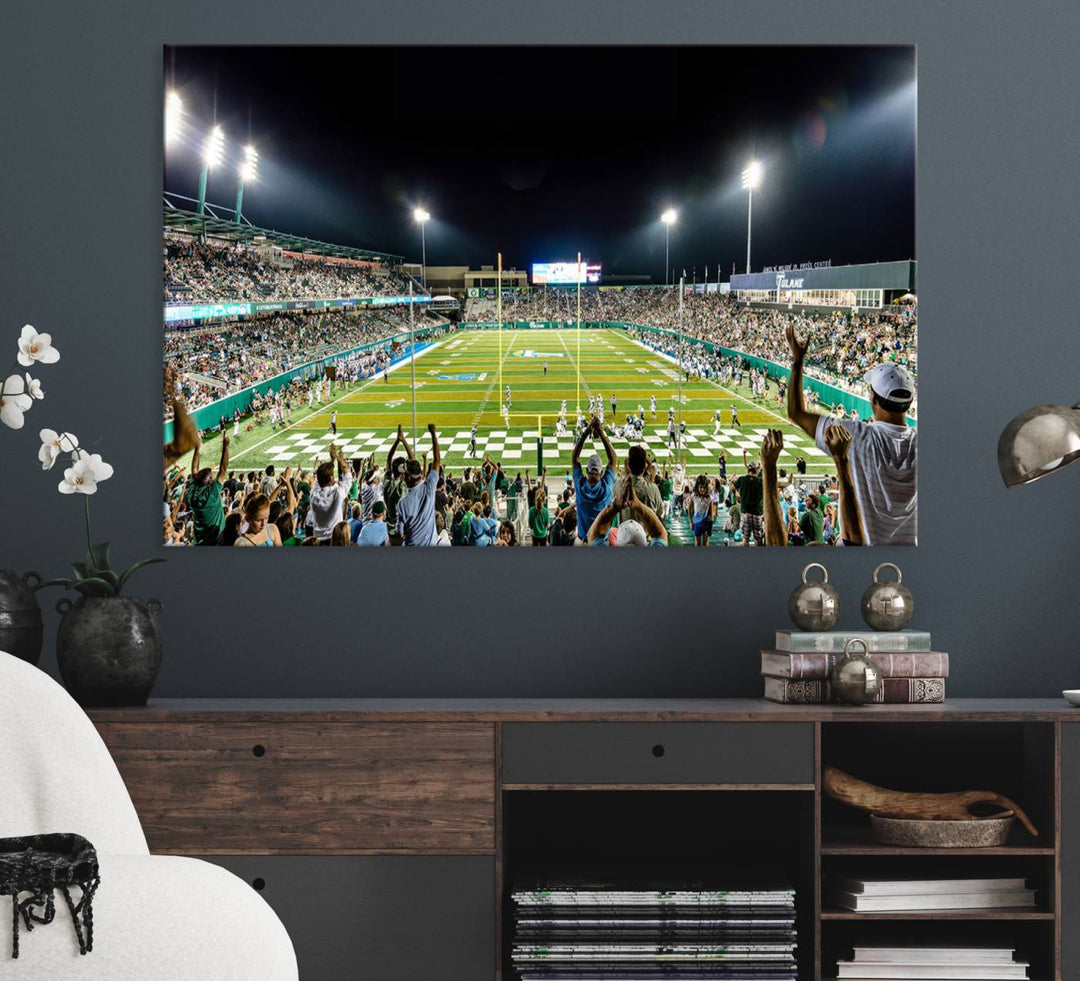 This vibrant wall art canvas print captures the excitement of fans cheering for the Tulane Green Wave Football Team under the lights of Yulman Stadium.