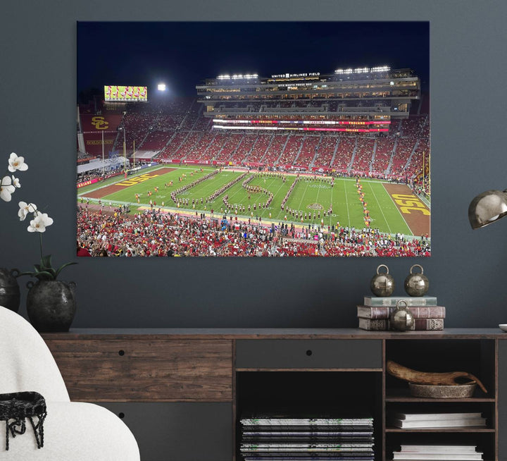 Canvas print depicting a packed stadium at night with a marching band forming USC, celebrating the Trojans at Los Angeles Memorial Coliseum.