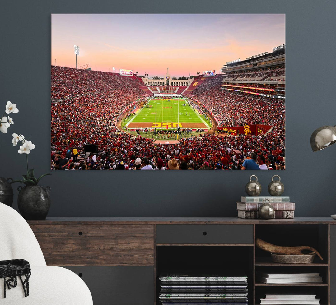 A USC Trojans wall art canvas print highlights the scene, depicting the Coliseum Stadium at sunset.