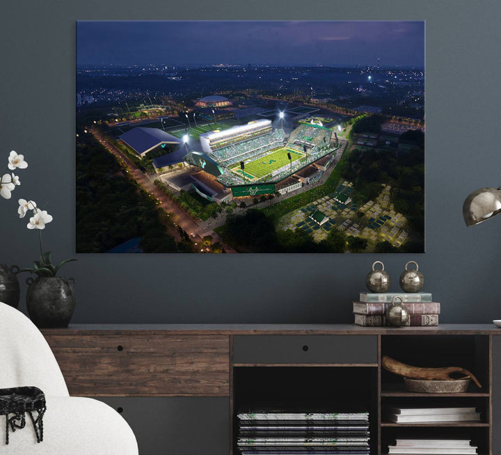 The USF Bulls Football Team Wall Art Canvas Print showcases the Tampa USF Football Stadium at night with city lights.