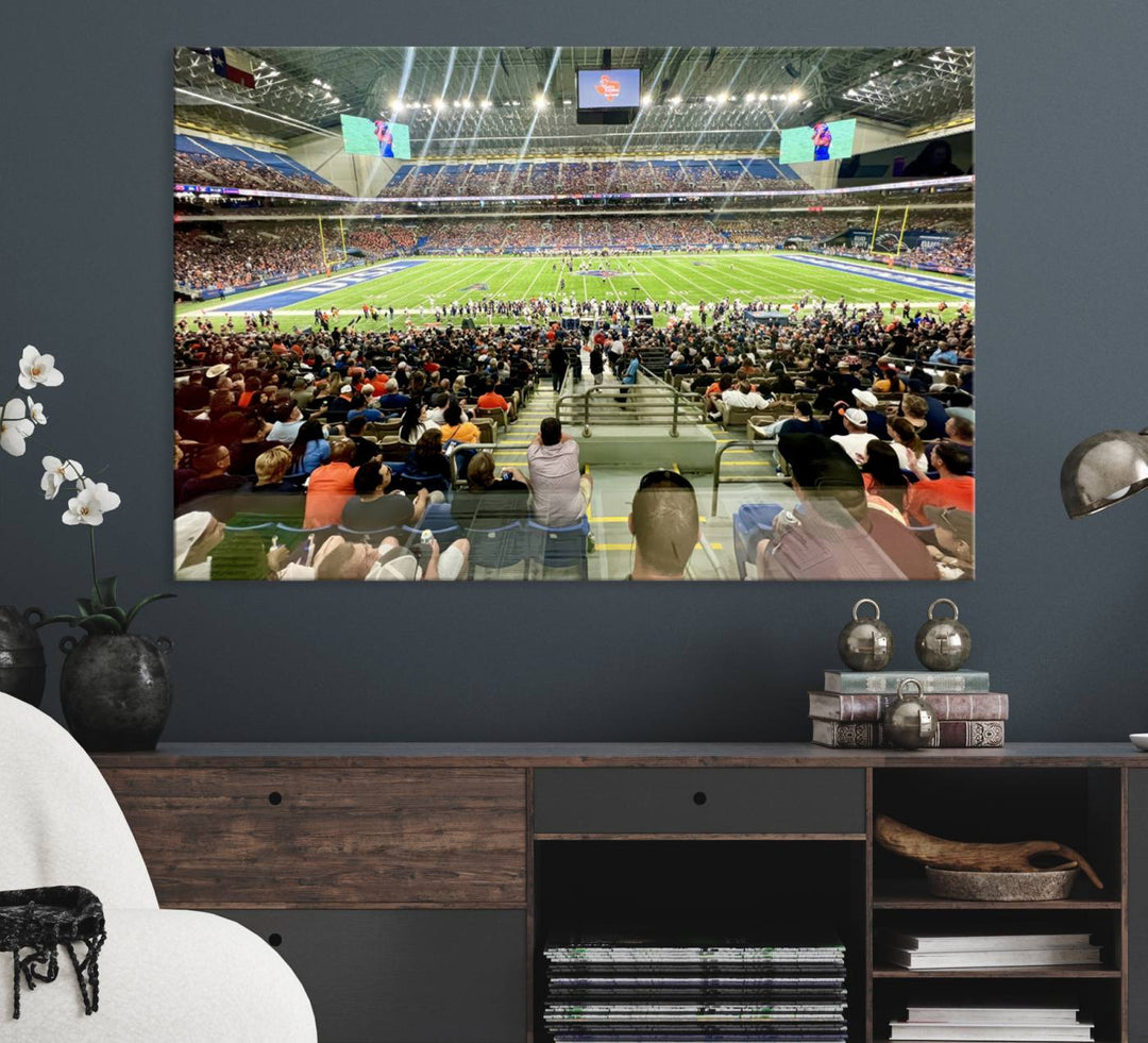 The UTSA Roadrunners Alamodome canvas print hangs in the living room.