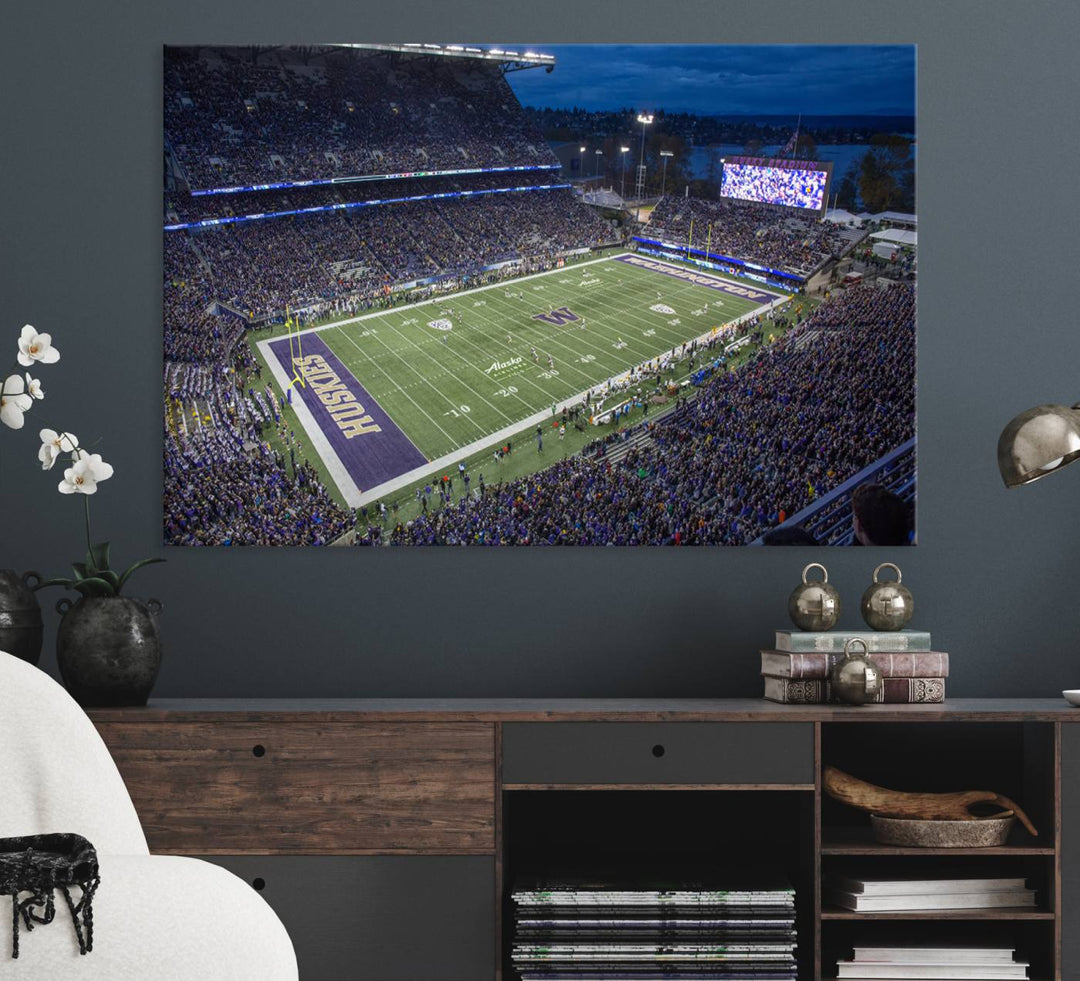 The University of Washington Huskies Football Team Print: Seattle Husky Stadium Wall Art Canvas captures a dusk stadium view.