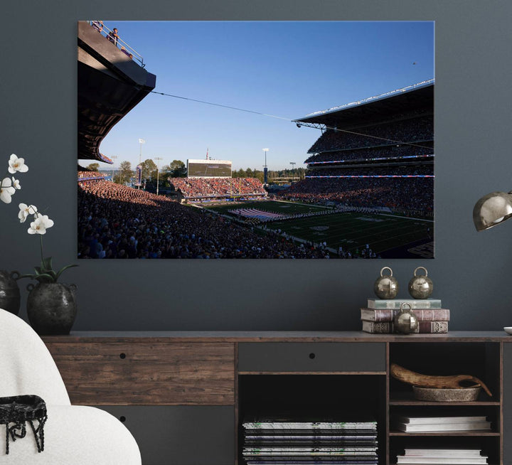 The University of Washington Huskies wall art print depicts Husky Stadium coming alive with fans as flags flutter.