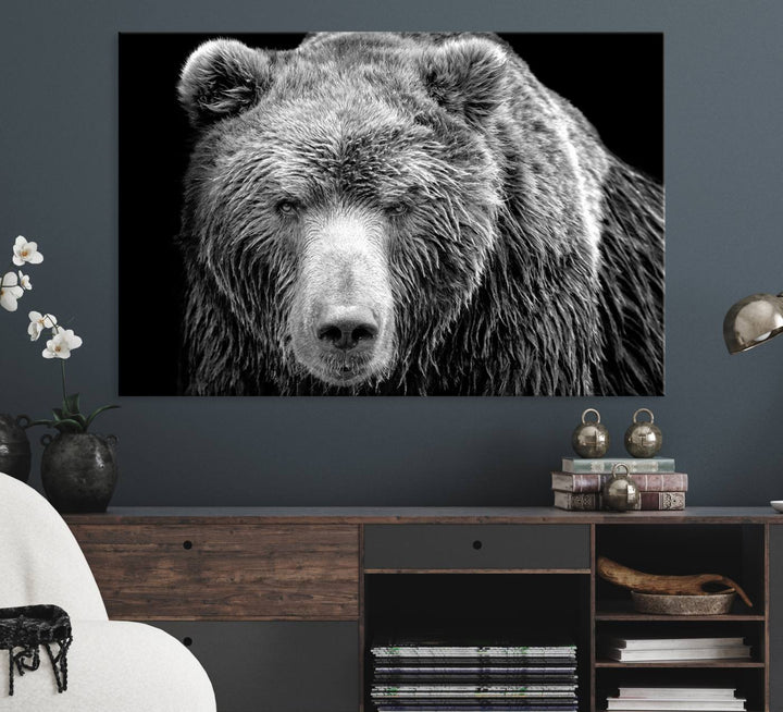 The 399 Grizzly Bear Canvas Print is displayed prominently on a wall in a modern living room.