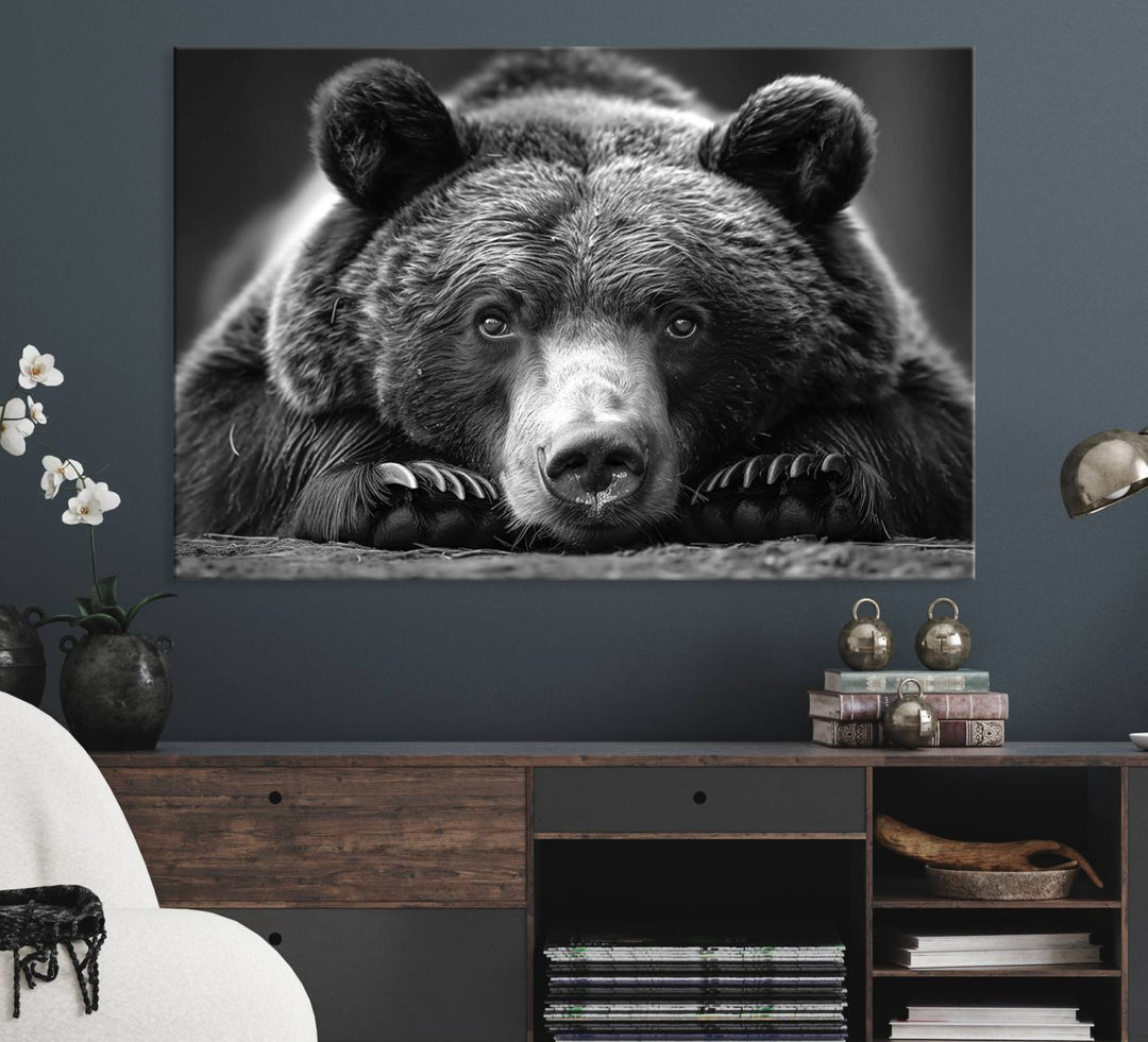 A black and white canvas print titled Resting Grizzly 399 Bear is displayed prominently.