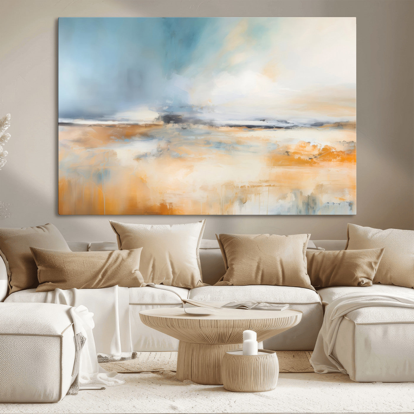 -Abstract Landscape Wall Art Canvas Print - Warm Tones of Orange and Blue, Modern Framed Art for Home