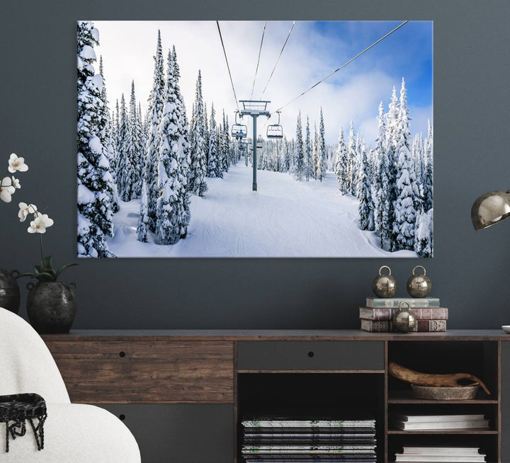 Winter Ski Lift Wall Art Print: Snowy Mountain Adventure, ideal for cabin or farmhouse decor under a clear blue sky.