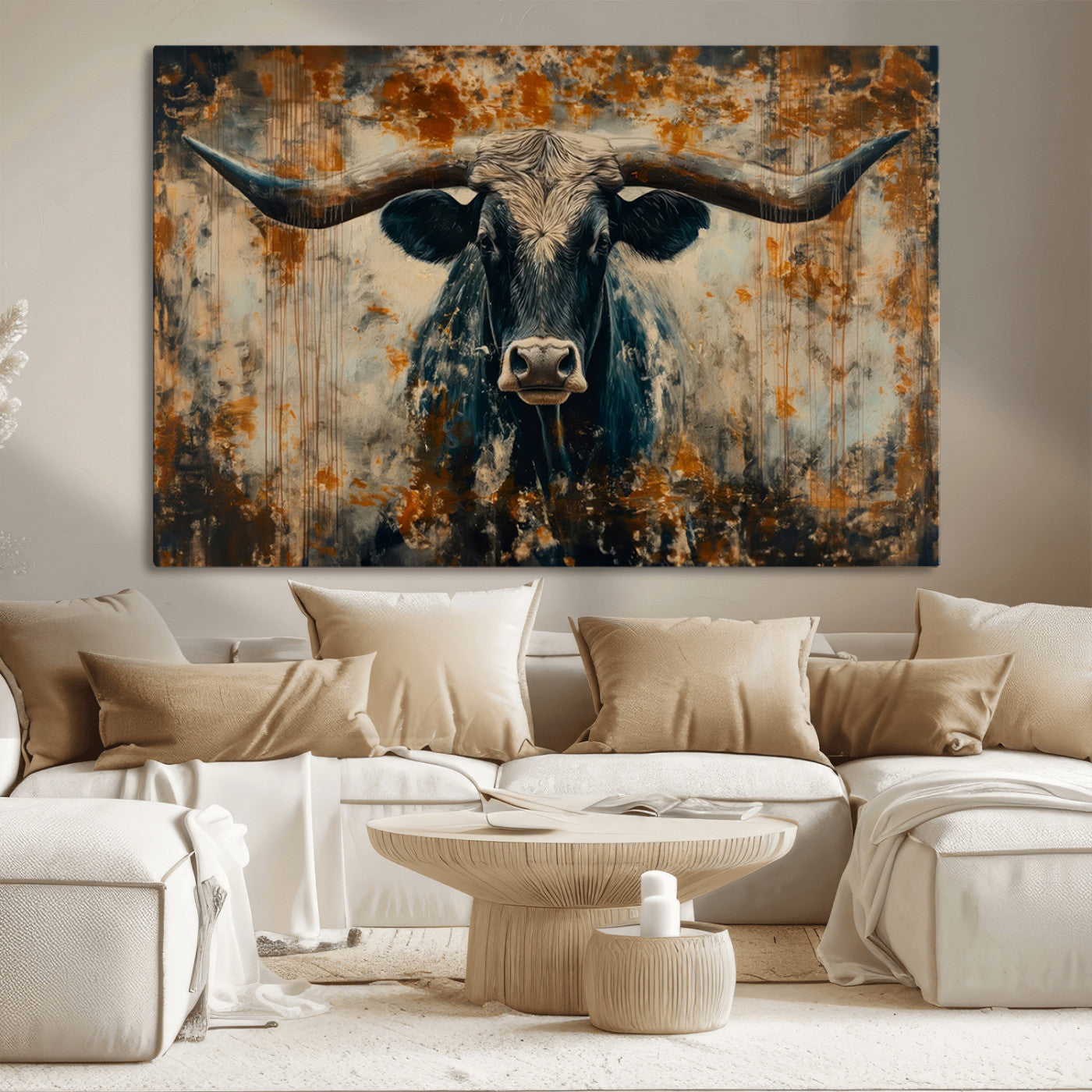 MGV-CV-36X24 - Abstract Longhorn Bull Wall Art | Rustic Western Wall Decor | Framed and Ready to Hang | Ideal for