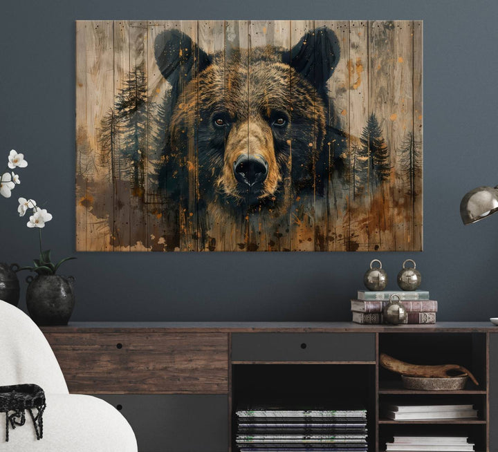 Abstract 399 Bear Wall Art showcases a bears face intertwined with forest trees, ideal for enhancing rustic lodge, cabin, or barn decor.