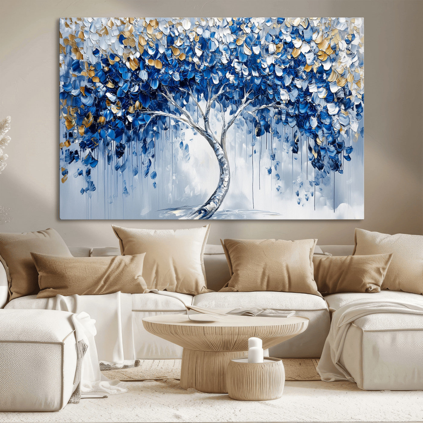 MGV-CV-36X24 - Blue and Gold Abstract Tree Wall Art Canvas Print | Modern Tree of Life Painting | Framed Canvas