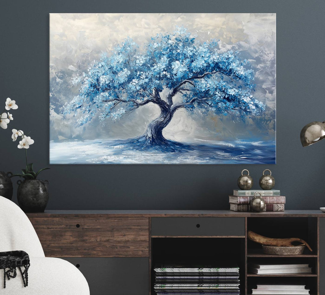 Abstract Blue Tree Art Print featuring textured blues and grays, perfect for farmhouse decor.