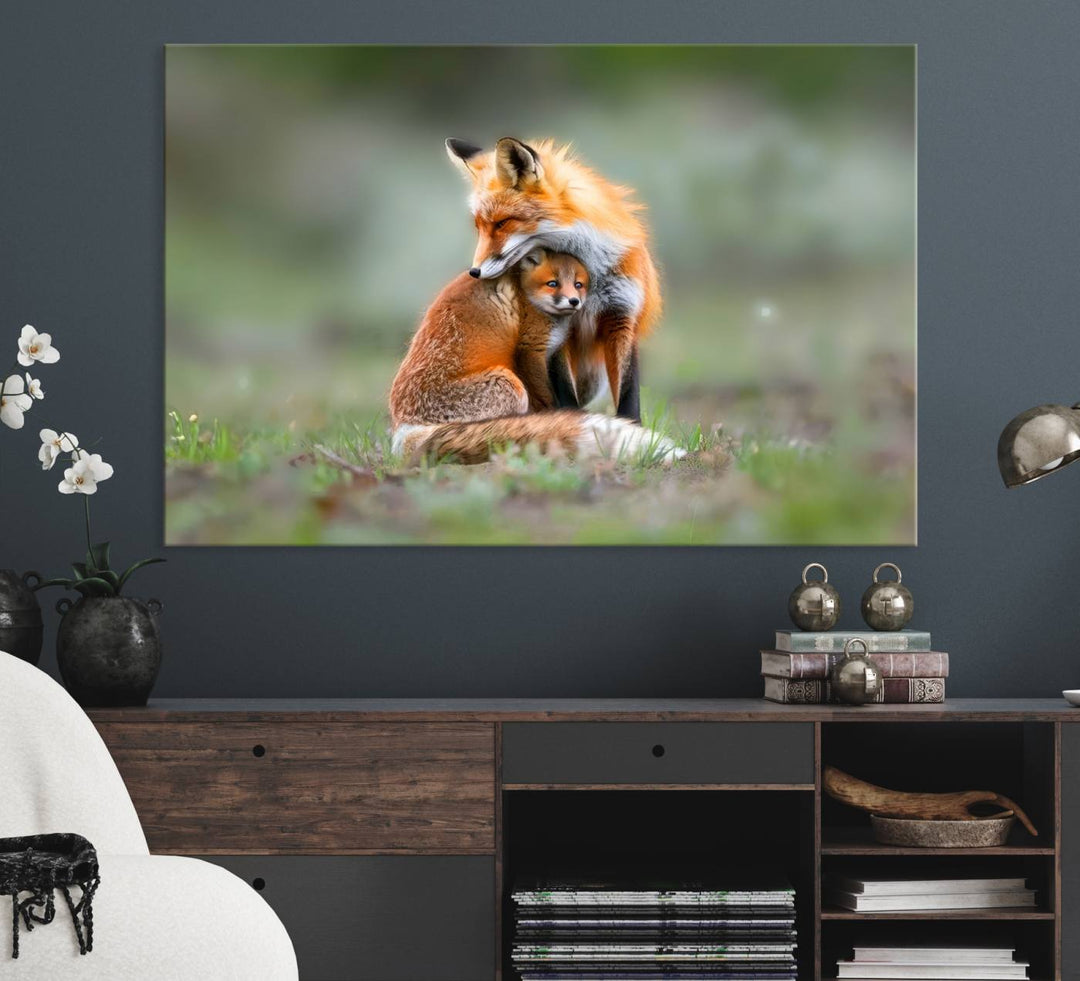 Heartwarming Fox and Baby Cub Wall Art - ready to hang, ideal for animal lovers, rustic decor, and cabin wall art.