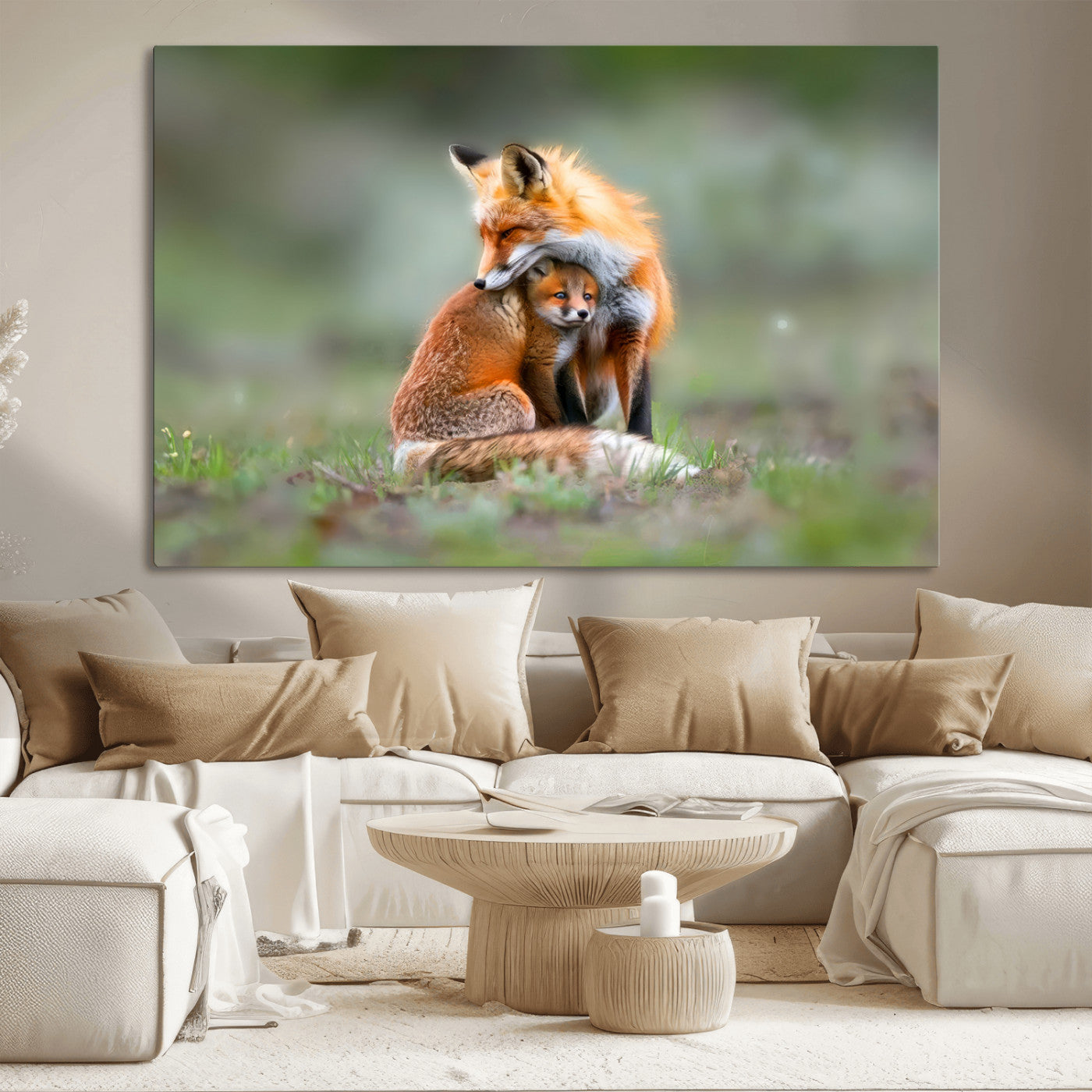 MGV-CV-36X24 - Heartwarming Fox and Baby Cub Wall Art | Ready to Hang Canvas Print of Foxes in Nature | Perfect for